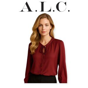 ALC Burgundy Wine Front Tie Blouse Silk Feel Long Sleeve Size 6 Copenhagen Chic